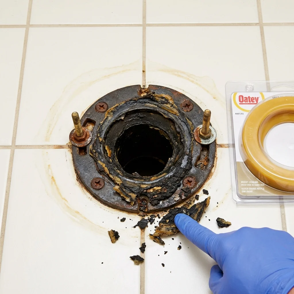 Failed wax ring showing water seepage at the base of a toilet in a Brewster, OH home