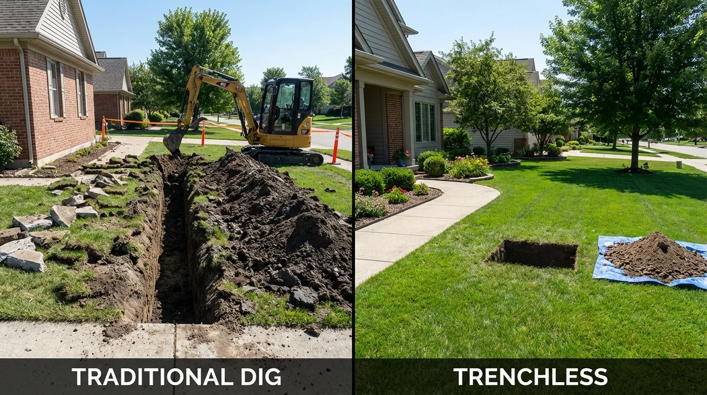 Trenchless sewer repair with minimal yard damage versus traditional excavation in Brewster, OH